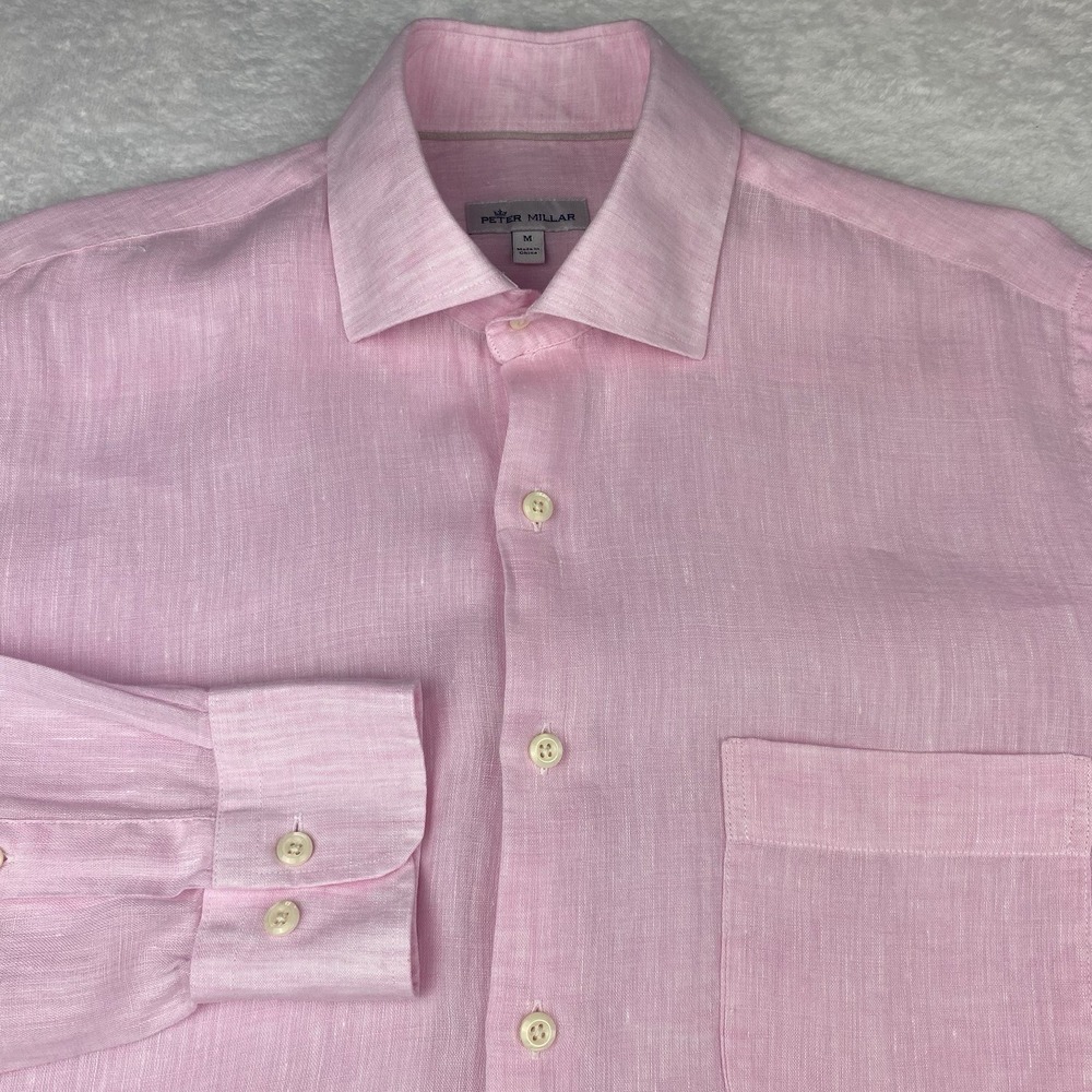 Peter Millar Shirt Mens Medium Pink 100% Linen Long Sleeves Regular Fit